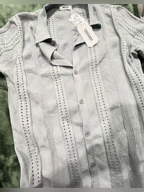 Coolfandy Men's Light Gray Knit Button-Down Shirt